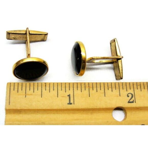 Round Cabochon Pioneer Black & Gold Tone Vintage Cufflinks - Picture 3 of 9